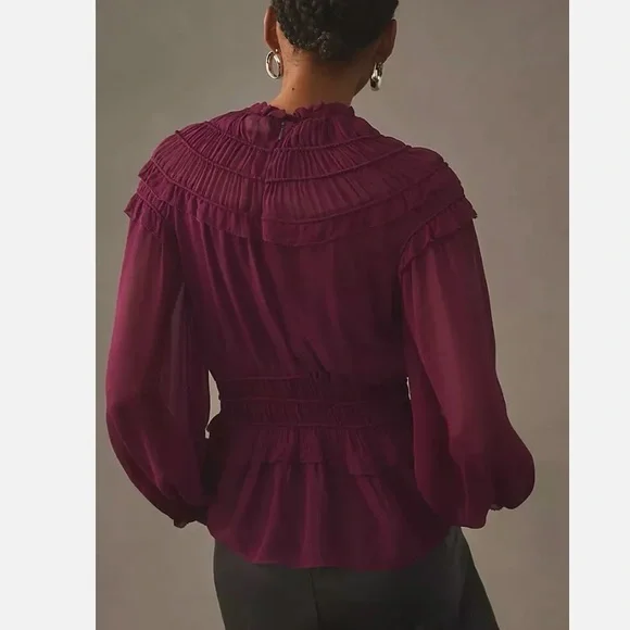Farm Rio Smocked Burgundy Ruffle Blouse - Picture 2 of 16